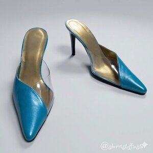 Vintage 80s Proxy Metallic Blue Clear PVC Pointed-Toe Stiletto Mules Spain 11